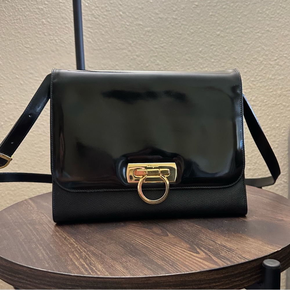 Salvatore Ferragamo Vintage Purse - Gancini Logo - Black Patent Leather Flap